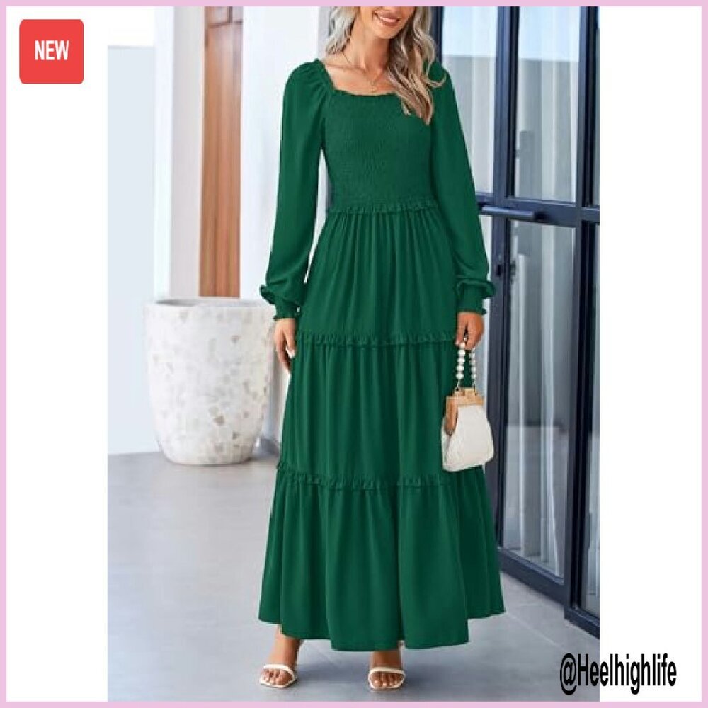 Long Sleeve Square Neck Tiered A-Line Maxi Dress, Smocked Waist, Flowy - Picture 6 of 8
